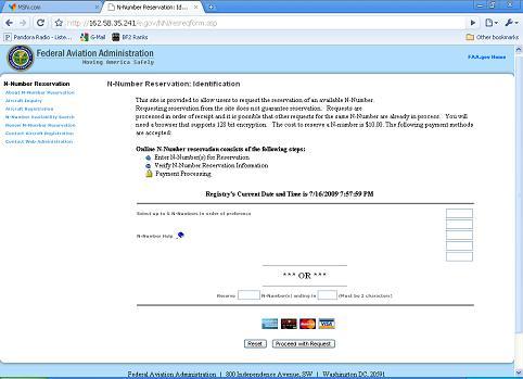 Screen shot of FAA N-Number Reservation page